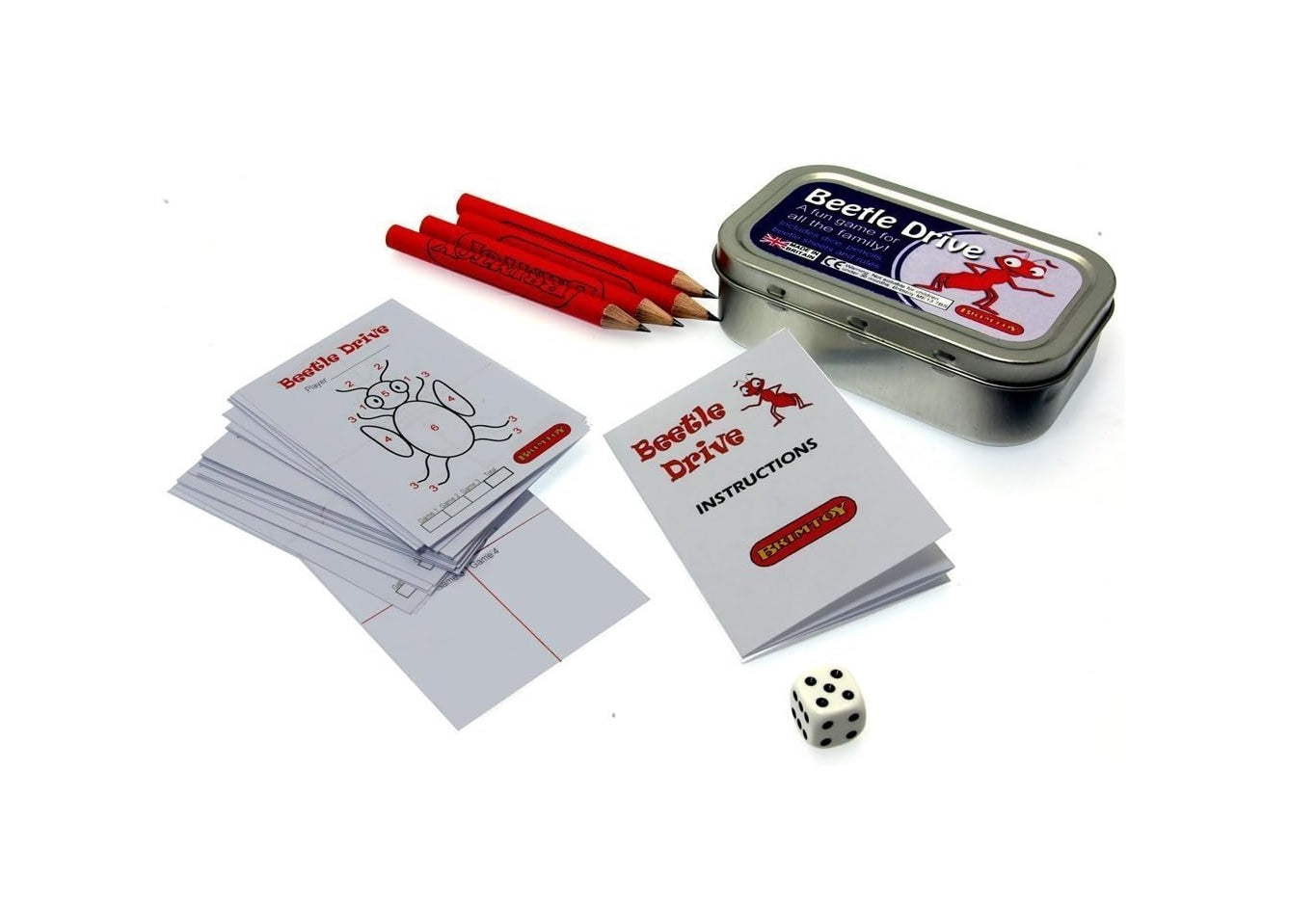 Pocket Beetle Dice game in a tin with instructions, score pad, die and pencils.