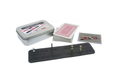 Pocket cribbage in a tin with instructions, playing cards, cribbage pegs and black leather cribbage board