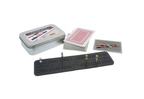Pocket cribbage in a tin with instructions, playing cards, cribbage pegs and black leather cribbage board