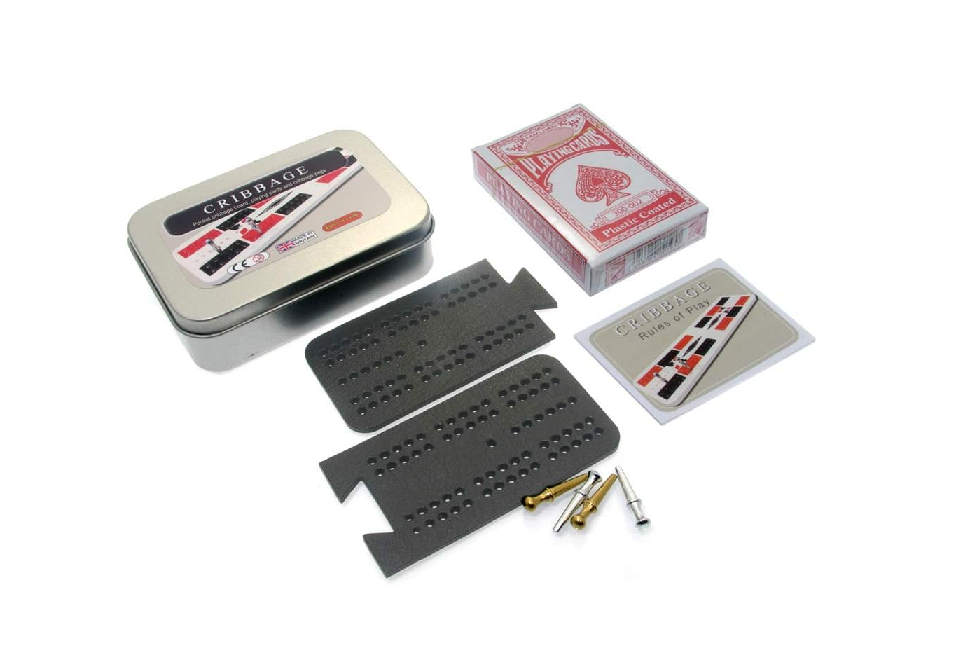 Pocket cribbage in a tin with instructions, playing cards, cribbage pegs and black leather cribbage board