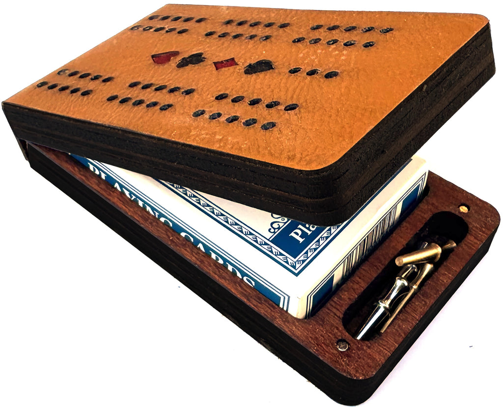 Leather and Mahogany travel cribbage set supplied with playing cards and metal pegs