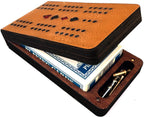 Leather and Mahogany travel cribbage set supplied with playing cards and metal pegs