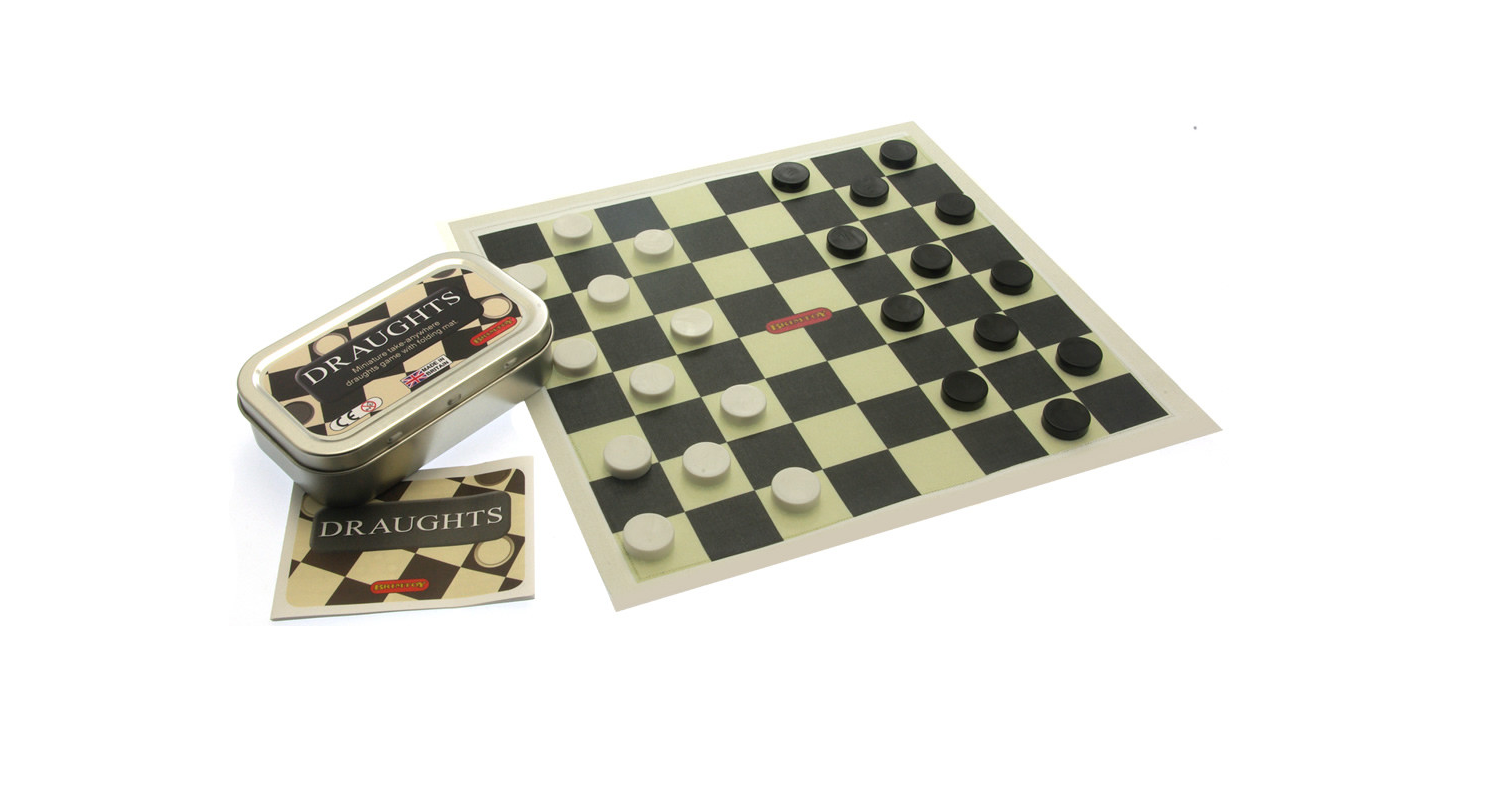 Checkers board game with pieces and tin 