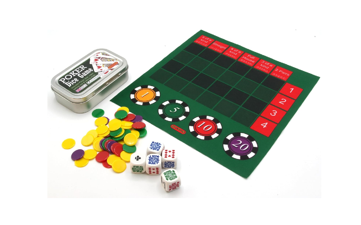 Pocket poker dice game with poker dice, counters and playing mat.