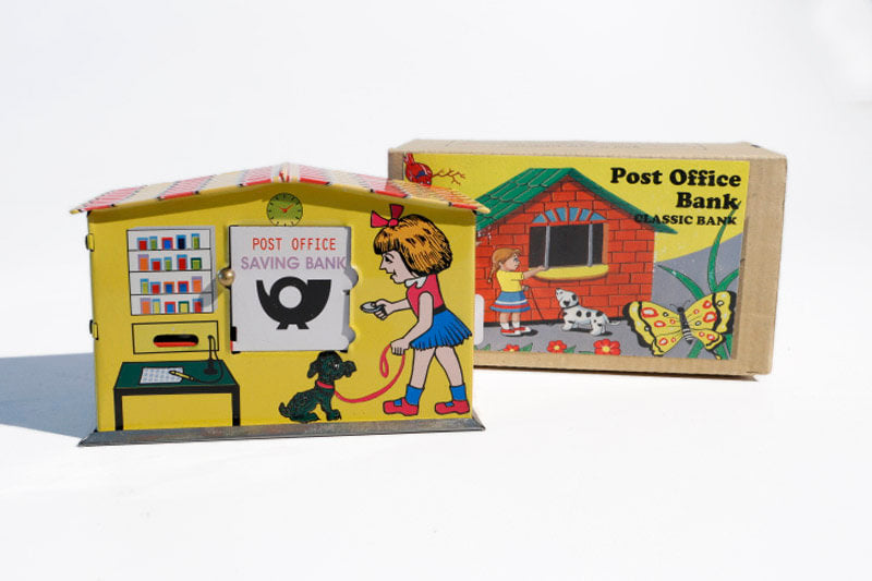 Post Office bank tin toy with colourful packaging
