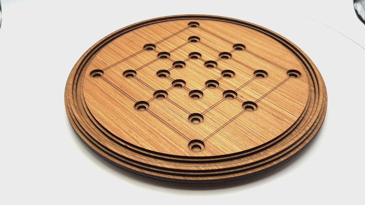 Round Nine Men's Morris wooden board game with marble pieces
