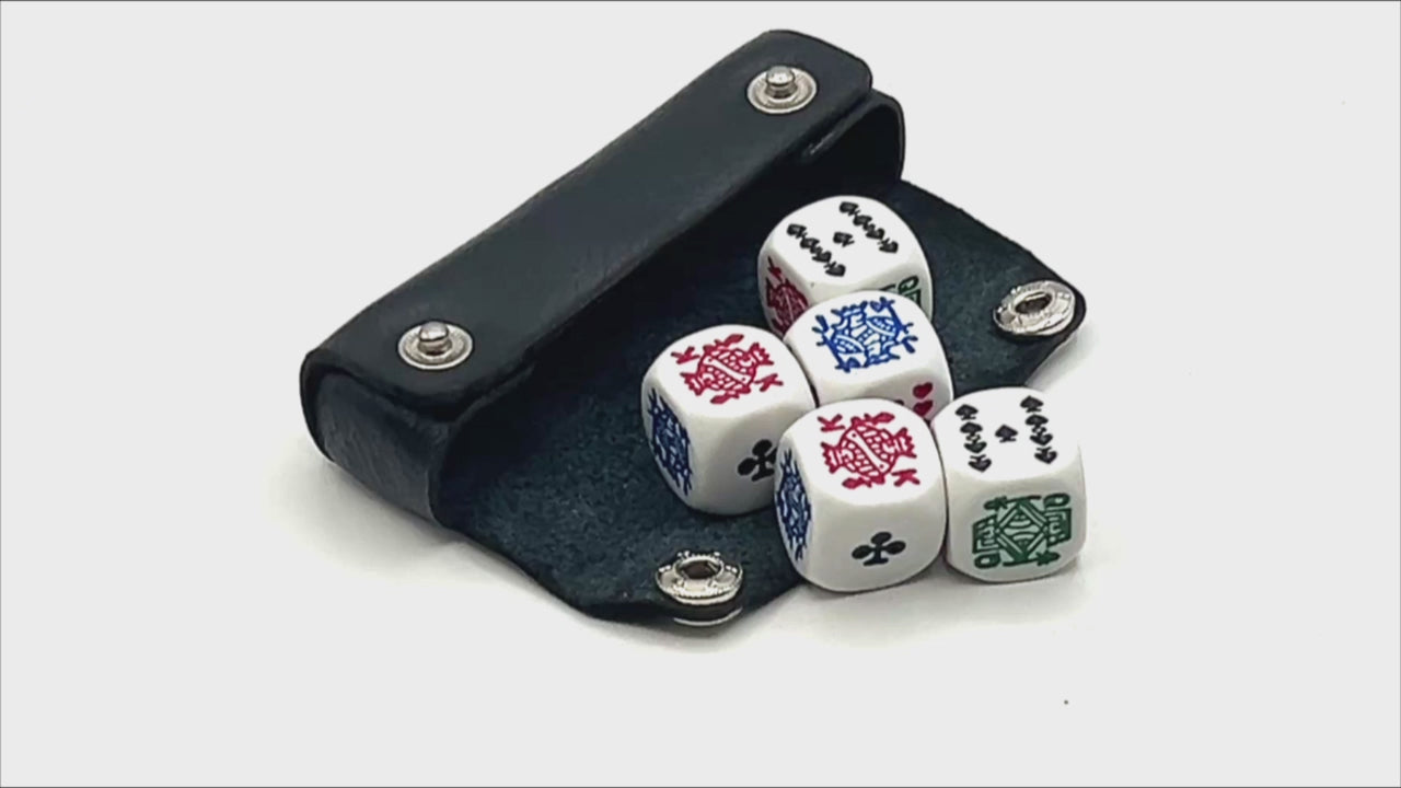 Leather pouch with five poker dice