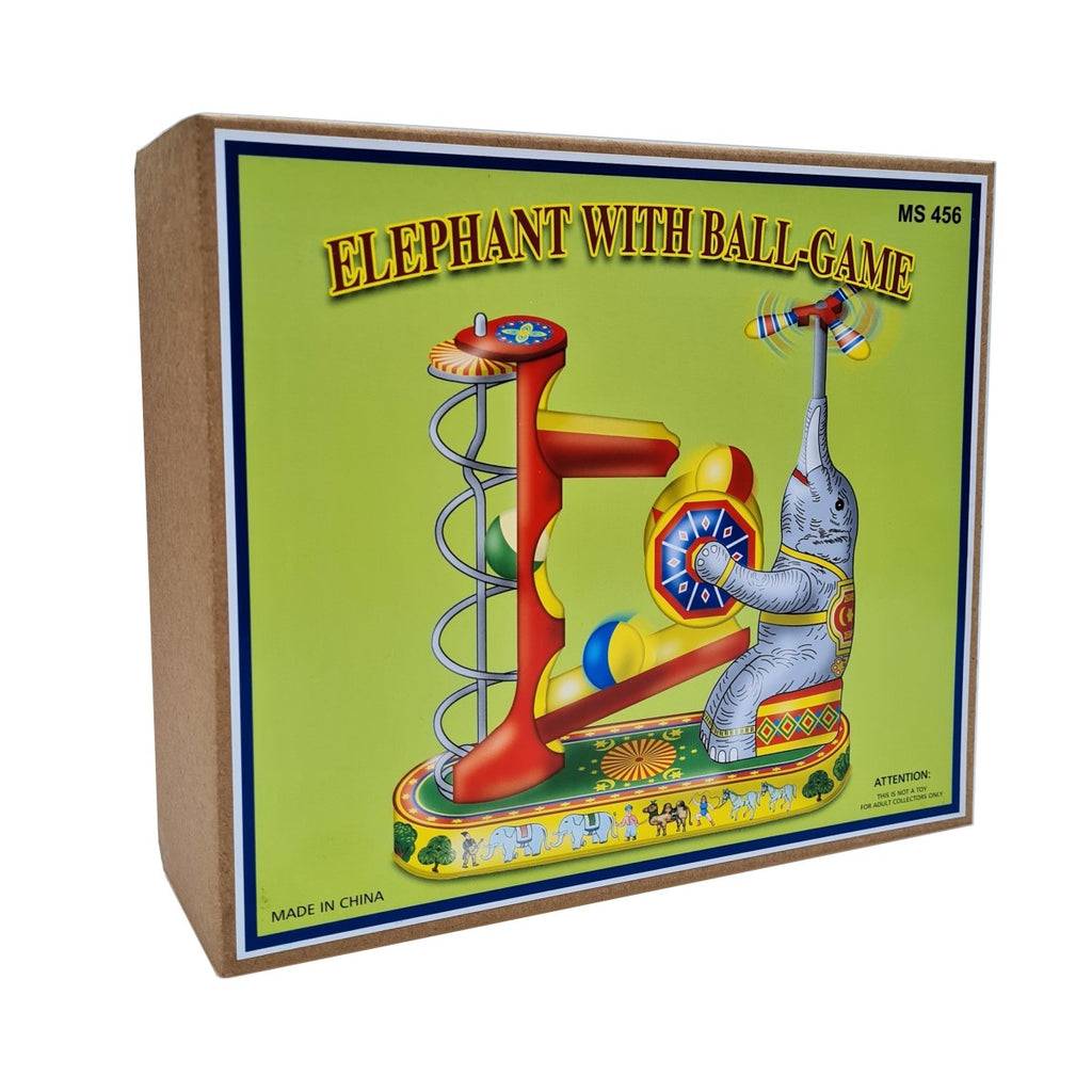 Propellerphant tin toy packaging elephant with ball game