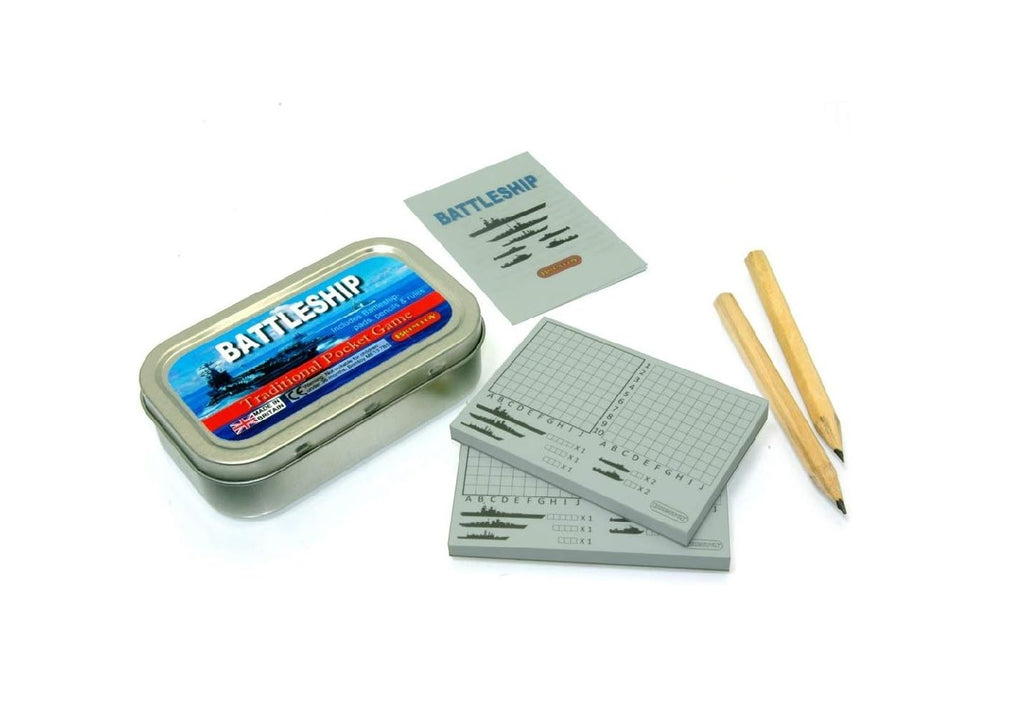 Pocket Battleship game in a tin with instruction, battleship pads and pencils