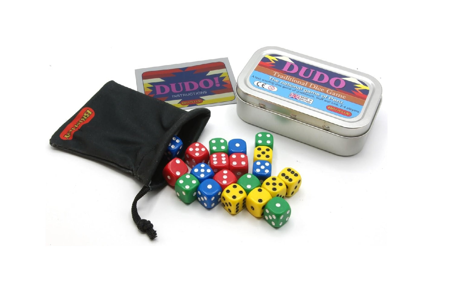 Pocket dudo dice game in a tin with instructions, dice and a drawstring bag.