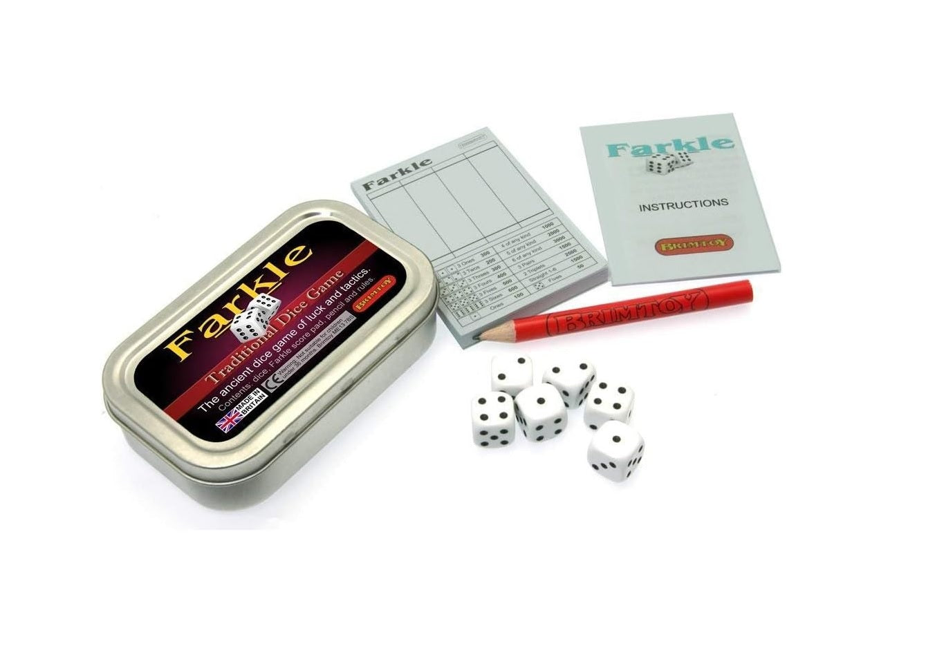 Pocket Farkle game in a tin with dice, pencil, score pad and instructions 