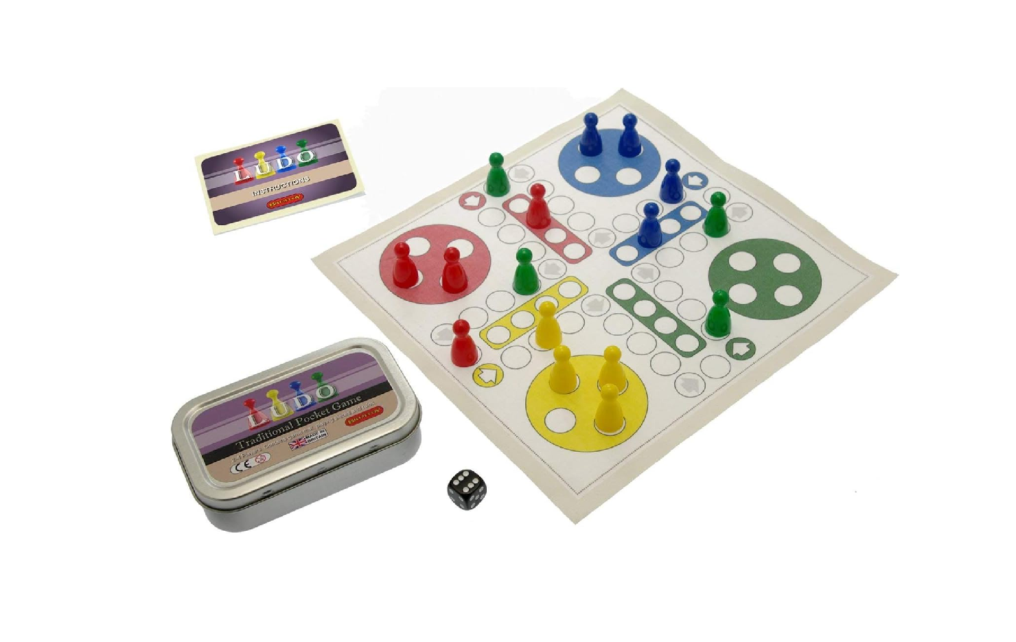 Pocket Ludo game in a tin with instructions, die, playing pieces and playing mat