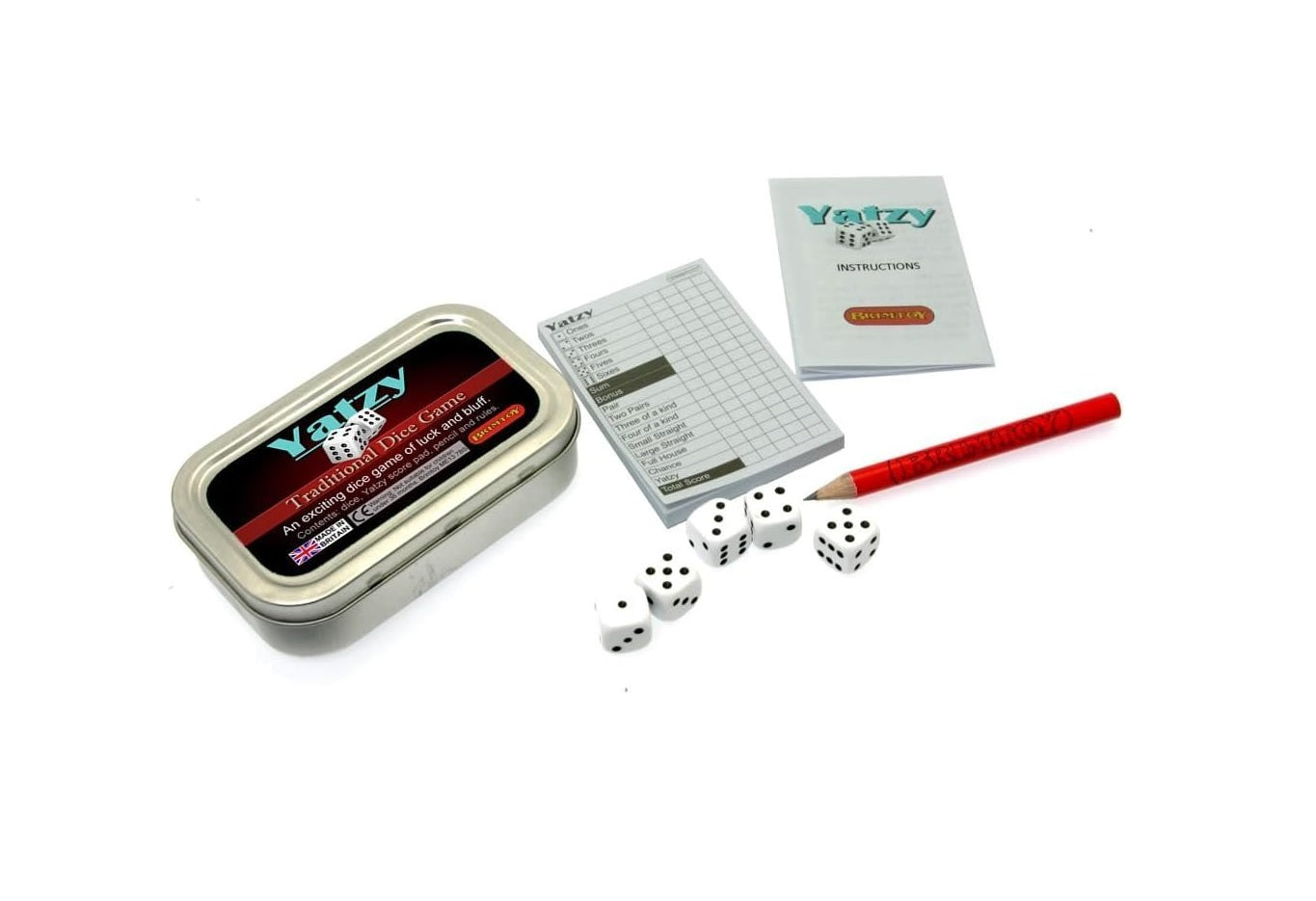Pocket Yatzy dice game set in a tin with dice, instructions, score pad and pencil