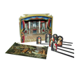 Puppet theatre set with puppets and scenic backdrops
