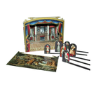 Puppet theatre set with puppets and scenic backdrops