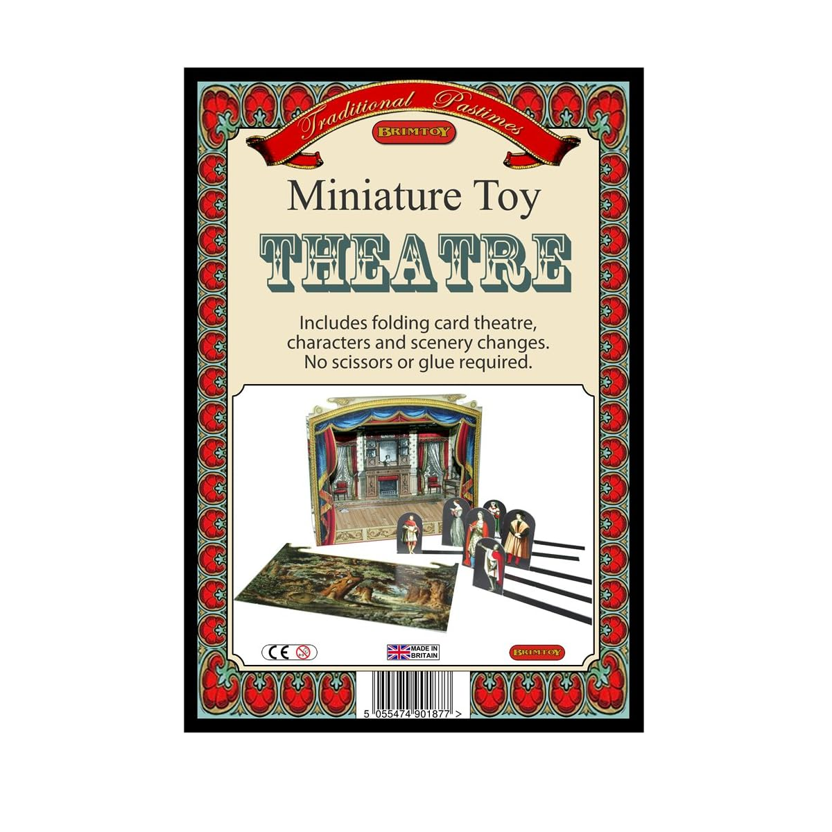 Packaging of a miniature toy theatre set with illustrations
