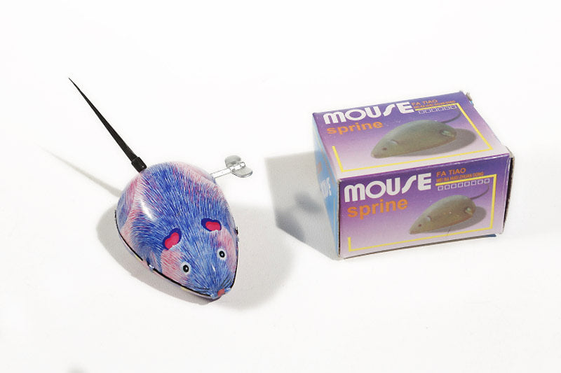 Purple mouse tin toy with wind up key with its packaging