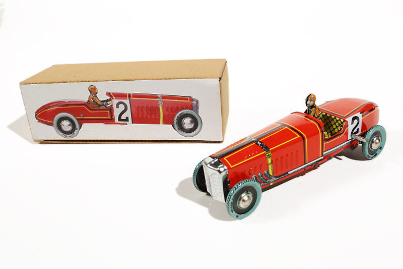Red race car number 2 tin toy car with packaging