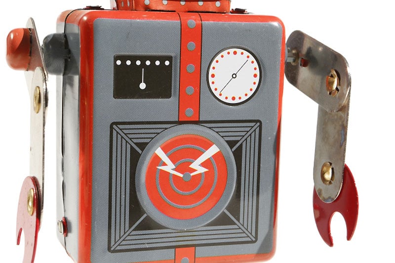 Radicon Vintage-style tin toy robot with red and grey colours 