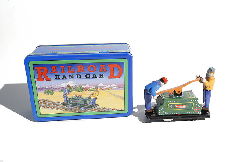 Schylling Rail Road Hand Car tin toy with colourful packaging
