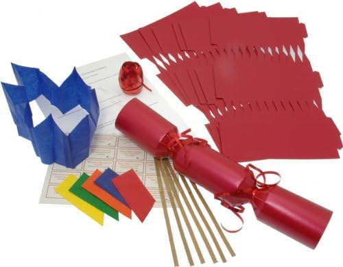 Red Christmas crackers with jokes, hats, snaps and ribbon