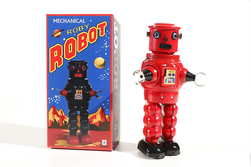 Red Roby Vintage robot tin toy with its packaging 