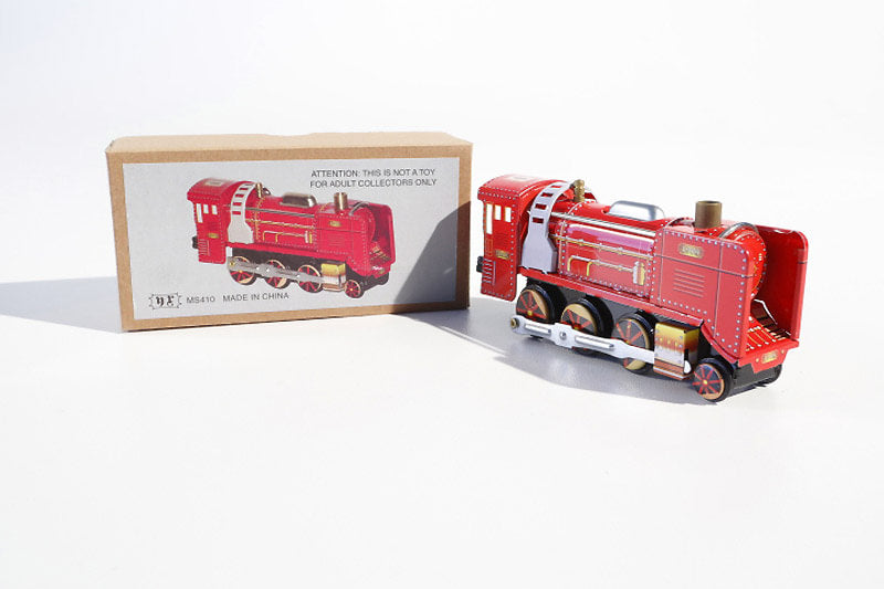 Red Wind-Up Locomotive tin toy with packaging