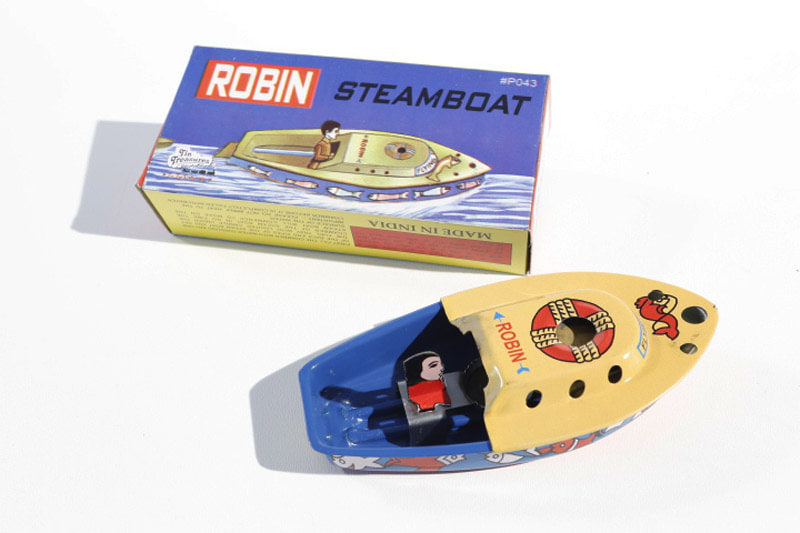 Robin Pop Pop Boat Tin Toy with packaging