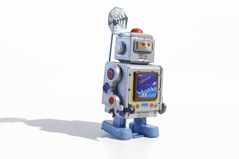 Robot Satellite Tin Toy robot with a space-themed display screen 
