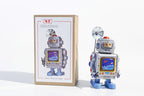 Robot Satellite Tin Toy robot with a space-themed display screen  and the packaging