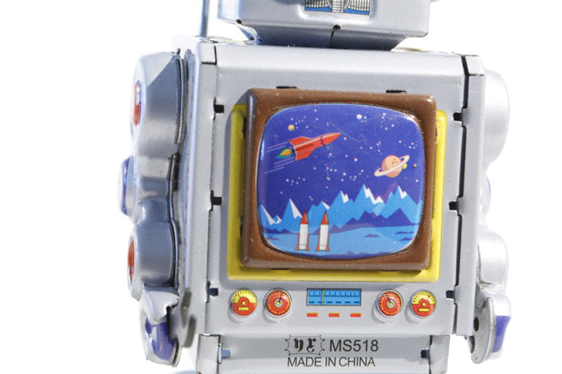 Robot Satellite Tin Toy robot with a space-themed display screen 