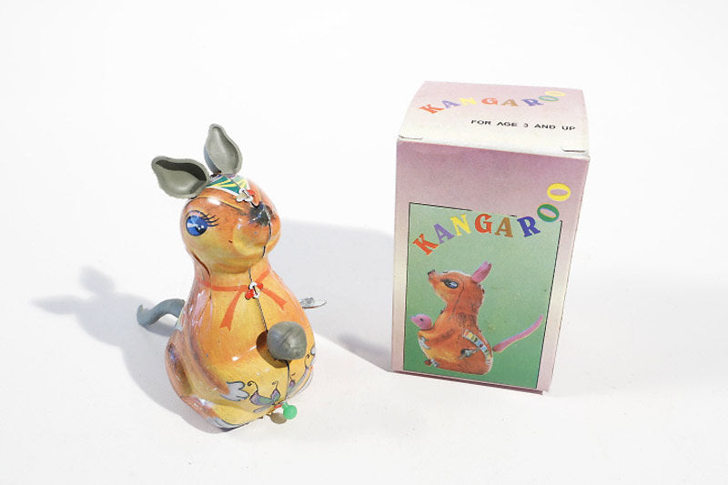 kangaroo with baby tin toy and its packaging