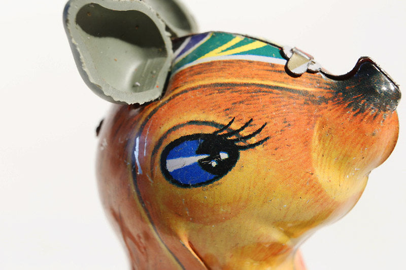 Close up of kangaroo with baby  face tin toy