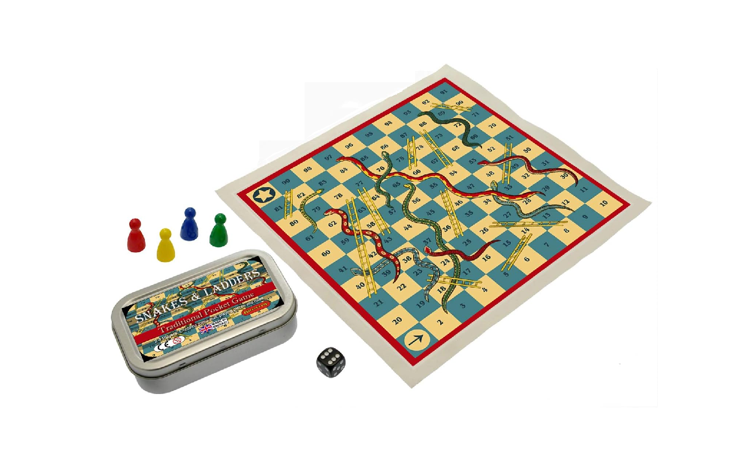 Pocket snakes and ladders game in a tin with die, playing pieces and playing mat