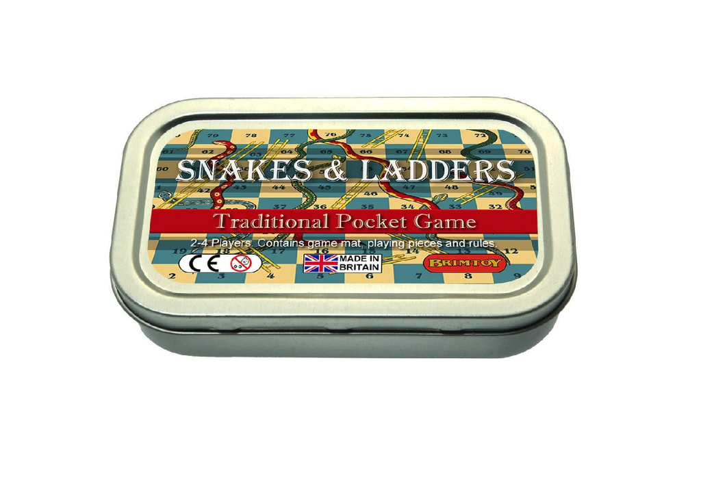 Pocket snakes and ladders game in a tin