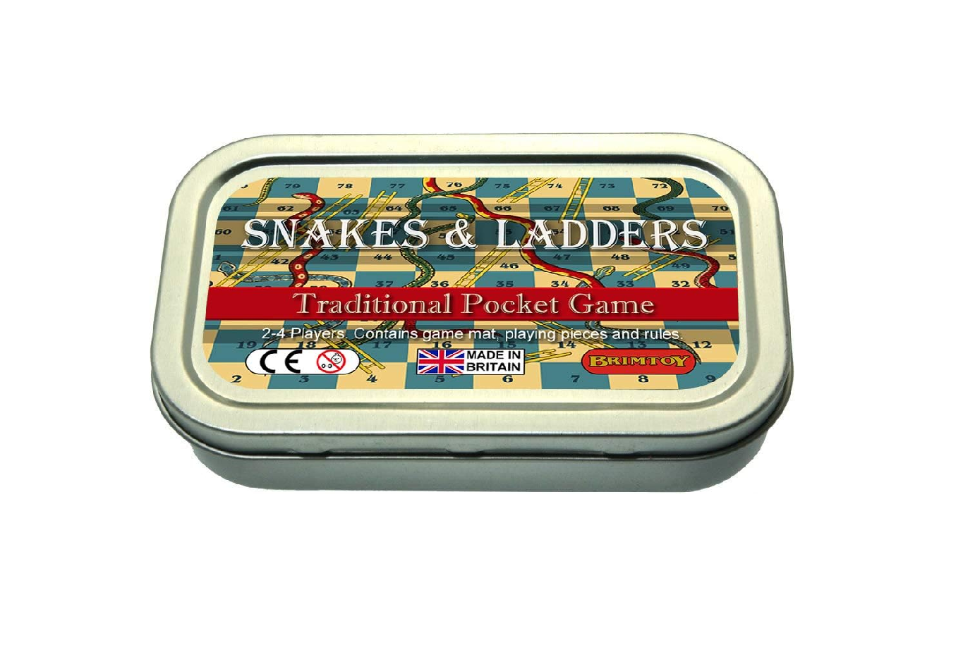Pocket snakes and ladders game in a tin