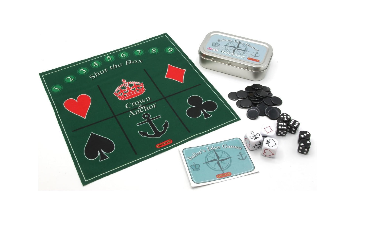 Pocket sailors dice game with instructions, counters, dice and playing mat.