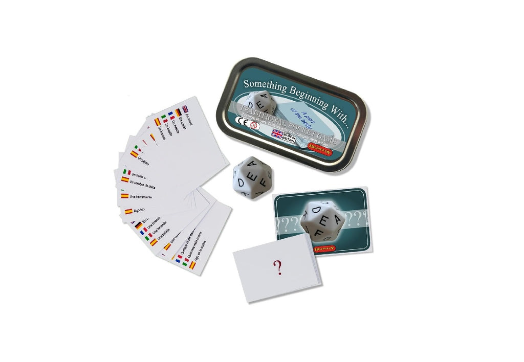 Pocket something beginning with game with instructions, letter dice and game cards