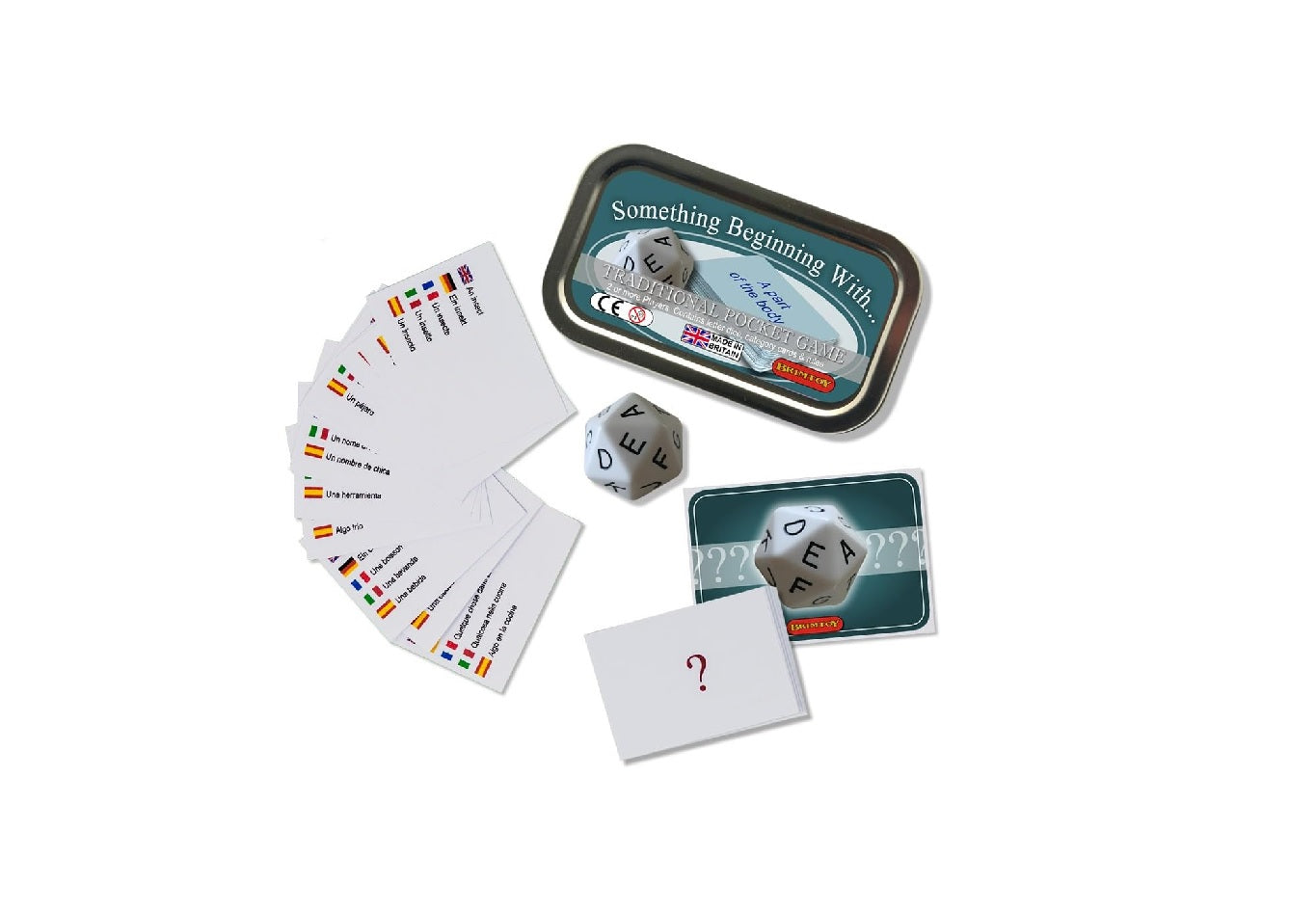 Pocket something beginning with game with instructions, letter dice and game cards
