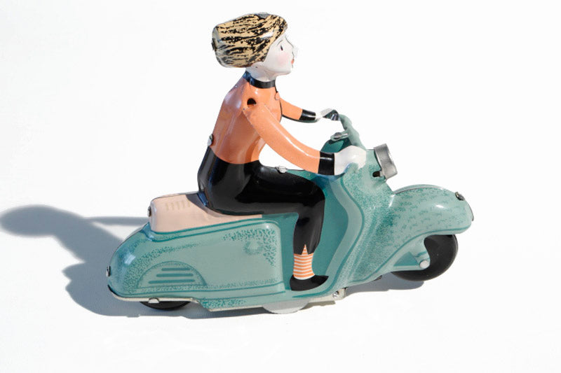 Green Scooter Girl clockwork toy - Collectable Tin Toy