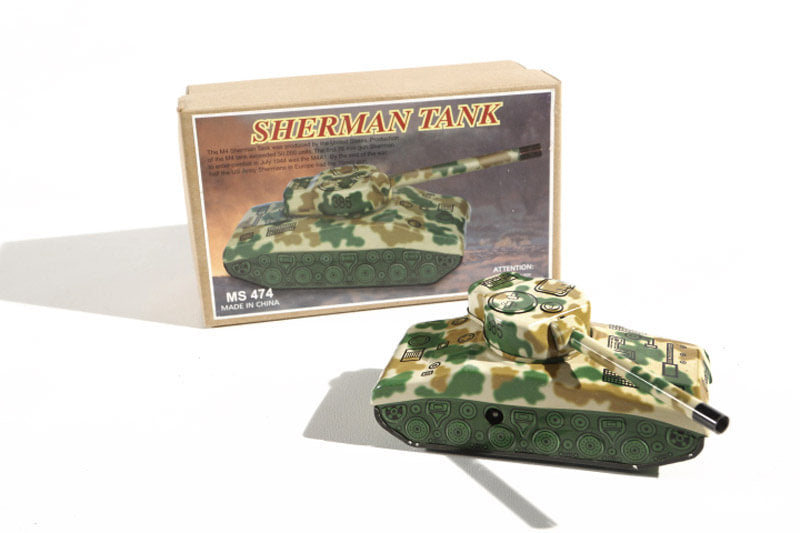 Sherman Tank Camouflage-patterned tin toy tank with packaging