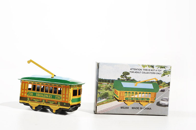Small tram tin toy with colourful packaging