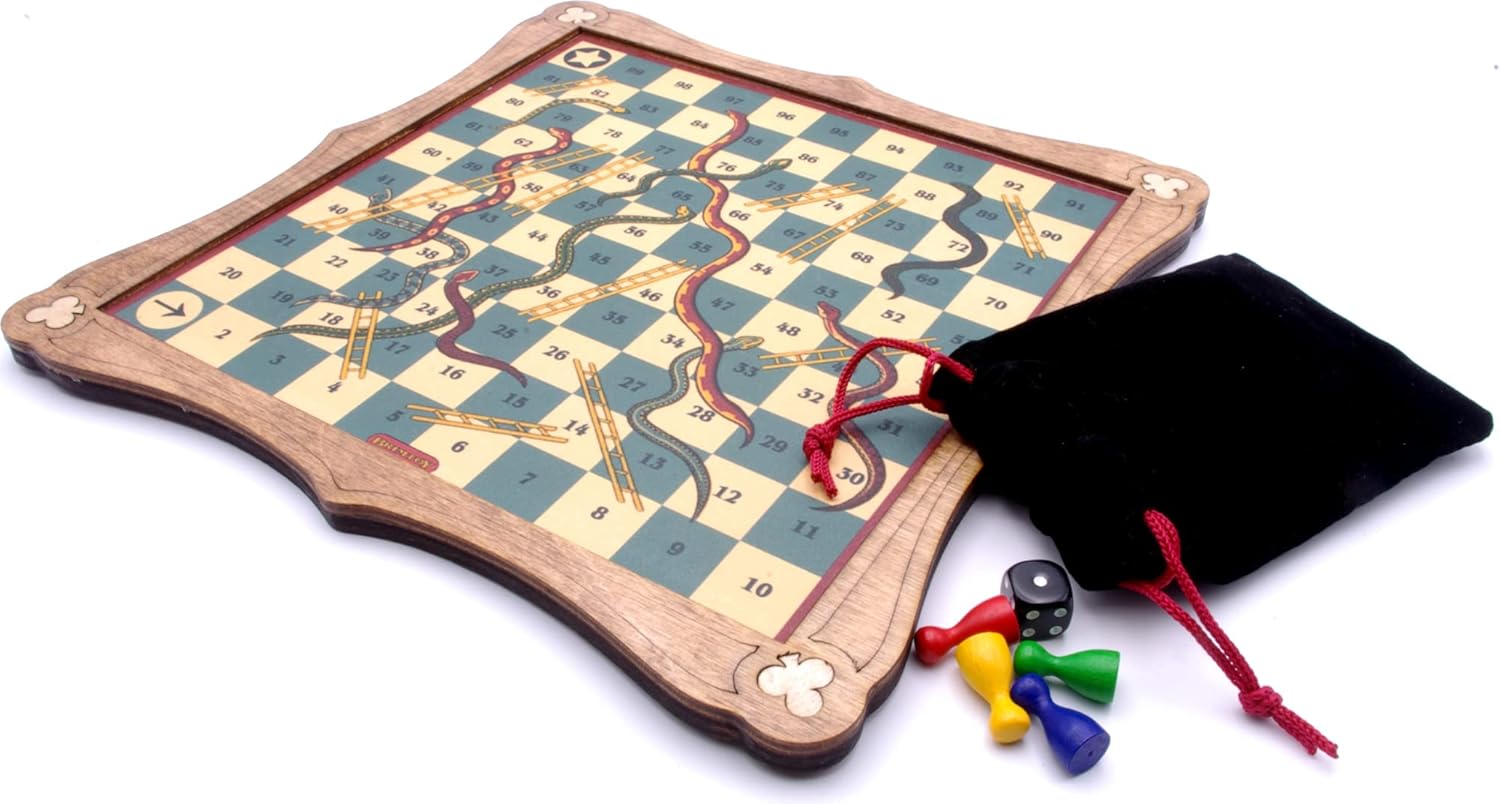 Snakes & ladders board game with playing pieces and drawstring bag
