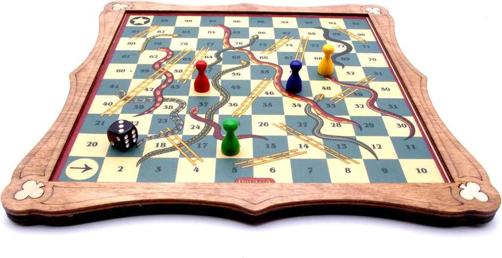 Snakes and ladders board game with playing pieces