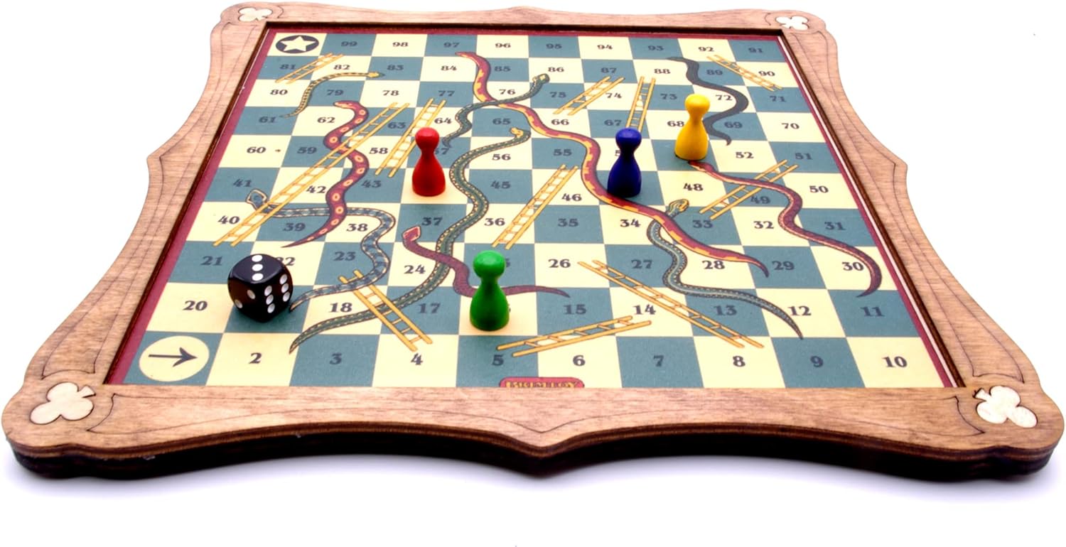 Snakes and ladders board game with playing pieces