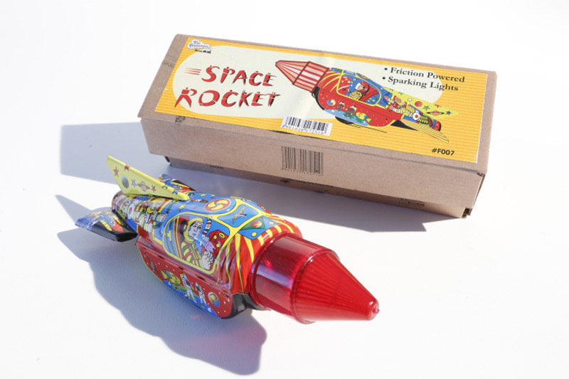 Colourful Space rocket tin toy  with space-themed graphics  with packaging