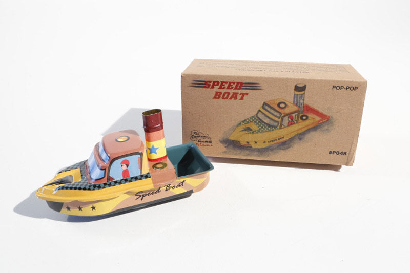 Tin Treasure's Pop Pop Speed Boat tin toy with packaging