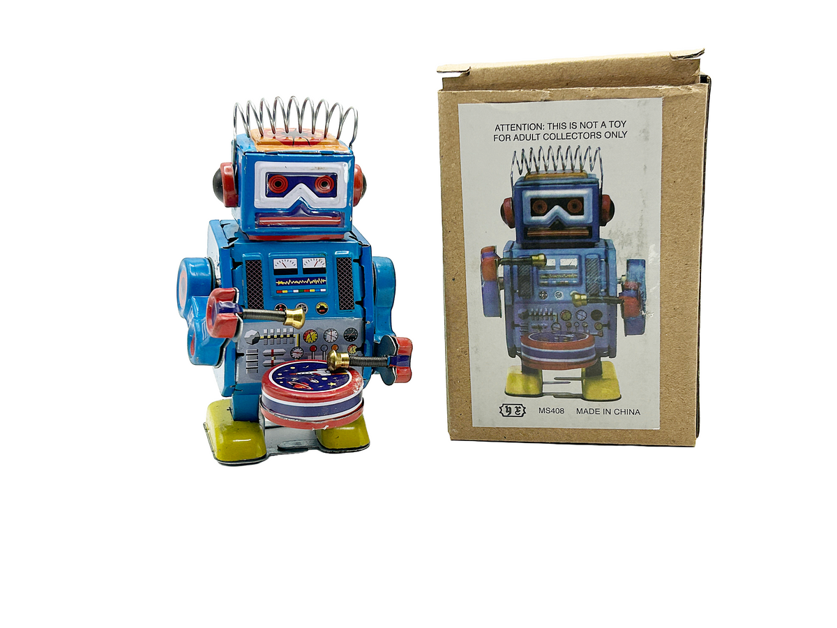 Small Drumming Robot with spikey hair - Collectable Tin Toy