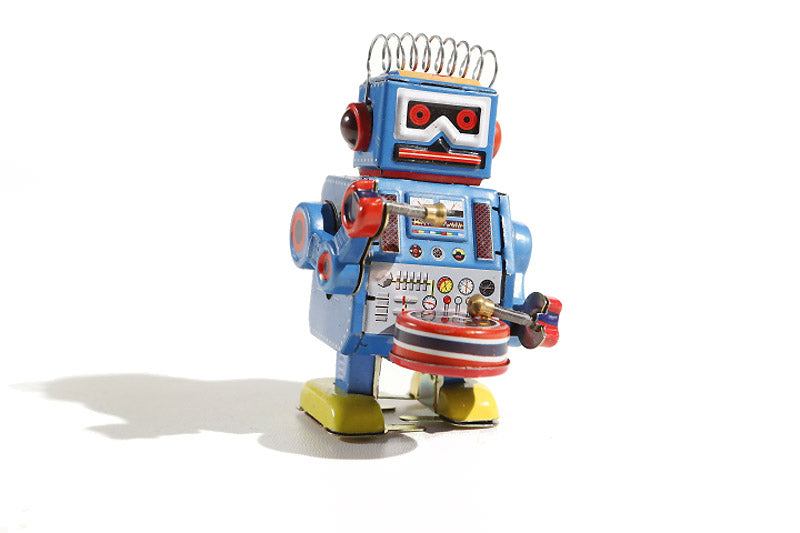Spikey hair drumming Vintage-style robot tin toy