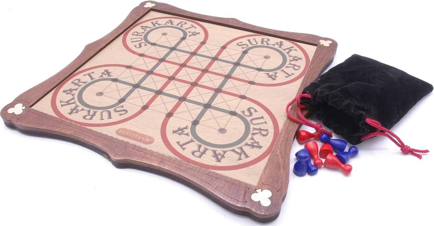 Surakarta board game with playing pieces and drawstring bag